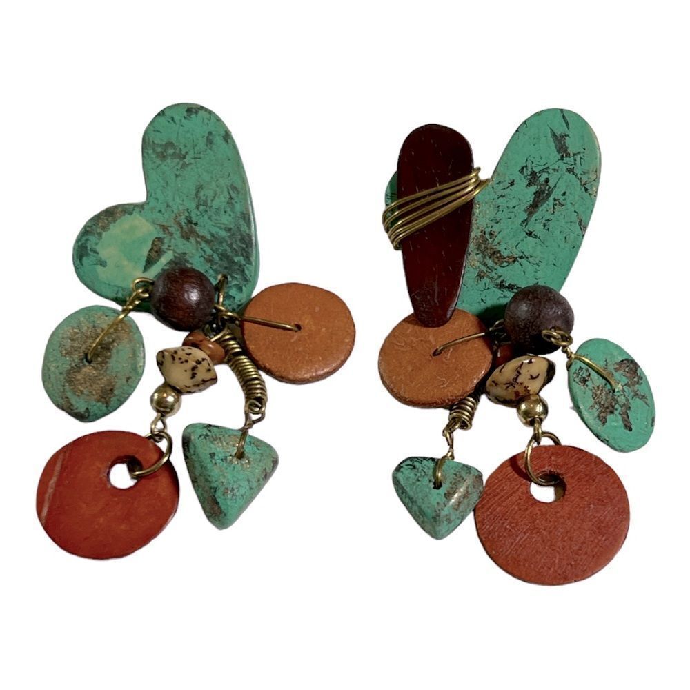 Handmade Women’s Lightweight Wooden Heart Dangle Earrings Green/Earth Tones